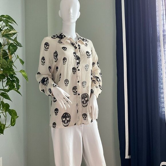 Skull Print Cream Button-Up Shirt - Picture 1 of 6